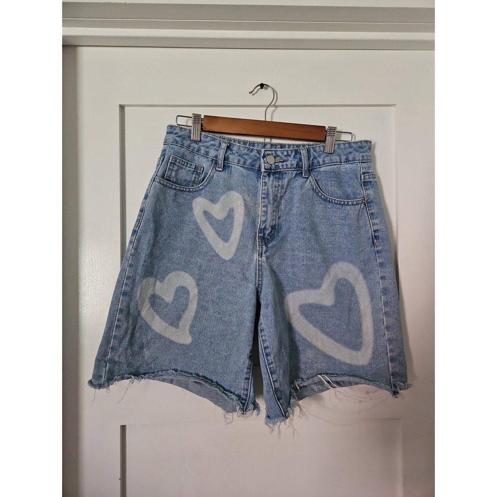 SHEIN Heart Print Denim Shorts Womens Large 8/10 High Waisted Cutoff Blue Jean